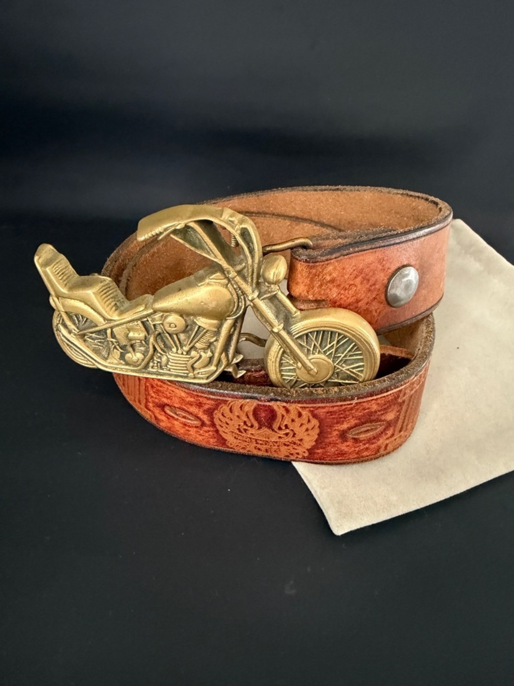 Harley Davidson Solid Brass Brown Leather Belt with Gold Motorcycle Buckle